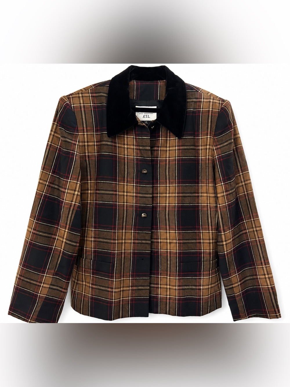 Kasper A.S.L. 100% Wool Plaid Blazer Size 10 Velvet Collar Dark Academia